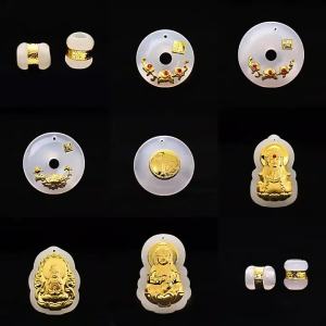 Pure gold and white jade pendant featuring Guanyin Maitreya Buddha Pixiu and Ruyi with gold inlay and jade accents Product catalog set of necklaces wholesale