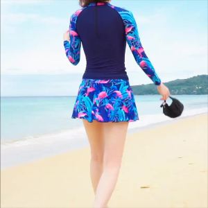 2Pcs/set Women Fashion Skirt Swimsuits Women Swimwear Long Sleeves Plus Size Zip Swimming Culottes Suit for Women㏇0702