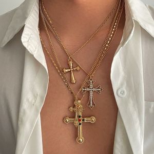 NEEUJ 4pcs\set สไตล์ชาติพันธุ์ สร้อยคอข้ามสำหรับผู้ชาย ซิลเวอร์ ชุดสร้อยคอ โซ่คริสตัลหลายชั้น วินเทจ ฮิปฮอป สร้อยคอจี้ข้าม ผู้หญิง