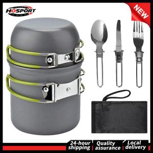 【Free Shipping】 Outdoor Pot Tableware Kit Aluminum Alloy Lightweight Cookware Kit with Handle BBQ Cooking Cutlery for Camping 1-2 Persons