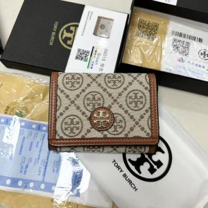 [With Box] 2024 Tory Burch New Womens Short Wallet Embroidered Fabric High Quality in Stock