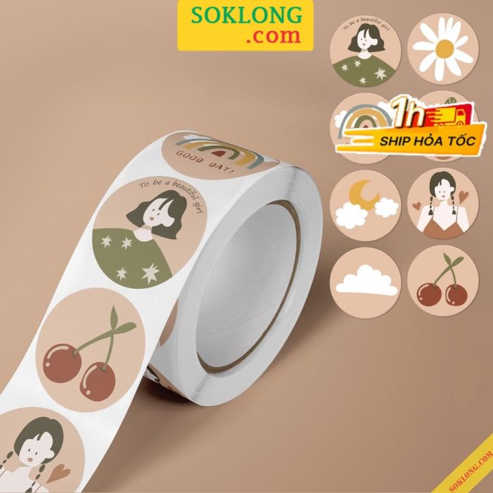 Cuộn 500 sticker tròn hoạt hình cute Cô gái, Gấu Thỏ TE03, decal nhãn ...