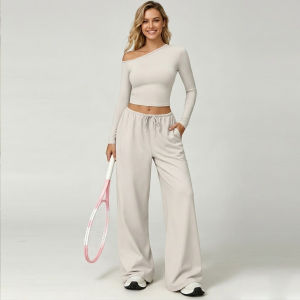 Women Off Shoulder Long Sleeve Crop Top Wide Leg Pants 2Pcs Dry Fit Soft Loungewear Ladies Yoga Fitness Casual Home Sport Outfit2026