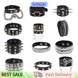 SHNGki 90s Fashion Punk Style Bracelet Personality PU Leather Three Rows Spikes Square Bracelets Bangle 2024 Party Jewelry Gift