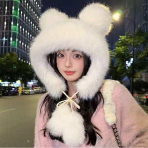 JING Cute Plush Bear Hat Warm Winter Ear Protection Hat Thickened Fluffy Bucket Hat Women