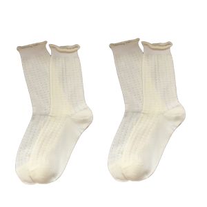 I2H67 2Pairs Heart Sweet White Socks Hollow Out Lingge Mid-calf Cotton Socks Comfortable Thin Ruffle Tube Socks Women Women