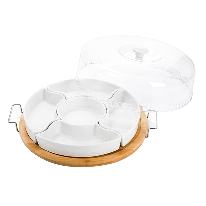 Ceramic Divided Serving Dishes Platter with Clear Lid, Bamboo