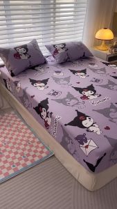 IN Stock 1 PC Cadar Cartoon Kuromi Print Fitted Sheet For Kids Single Queen King Size Bedsheet