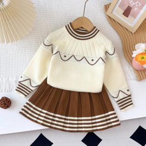 Bear Leader Girls Autumn Clothes Sets Winter Striped Collar Printed Pullover Sweater + Pleated Skirt Two-piece Suits Casual 2-6 Years Fashion Kids Clothing Outfits
