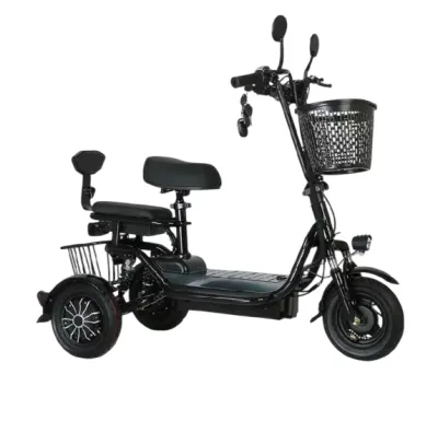 Black Electric Tricycle Folding Mobility Scooter Three Wheel E-Tricycle 2 Seat Dual Motor Battery Powered Vehicle For Women Elderly Children Parent Child Compact Lightweight Easy Ride With Storage Basket Home Pick Up OutdoorElectric Bicycle EZBike