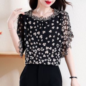 เสื้อเชิ้ตผ้าชีฟองผู้หญิงลายเสื้อปักลายสไตล์แฟชั่น2025ผู้หญิงแขนสั้นดีไซน์ย้อนยุคเสื้อบางลำลอง