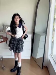 Little RD Girls Shirt POLO Summer Sweater Vest + Striped Cake Dress Two-Piece Suit 5-14 Years 25072001