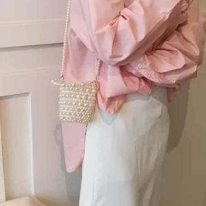 Women Mini Bucket Tote Bags Pearl Handle Woven Crossbody Bags for Women String Purses Bead Handbags Ladies Designer Shoulder Bag
