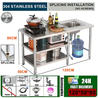 ATO 304 Stainless Steel Kitchen Sink with Workbench & Gas Stove Rack with Vegetable Wash Basin Single Bowl