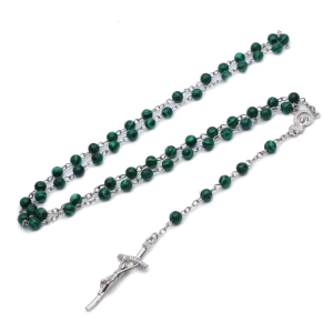 Malachite for Cross Pendant Rosary Beads Chain Necklace Christian Religion Men Women Charm Gift
