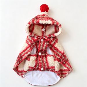 COOLCELLS Fuzzy Fleece Pet Hooded Cape Vest Thick Plush Red Plaid Pet Christmas Cloak Festival Warm Christmas Pet Cape Xmas Holiday