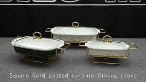 Emerald Gold Nordic Food Warmer with Glass Cover Ceramics Chafing Dish Luxury Rectangular Soup Pot Casserole Displays Serving Dish Alcohol Stove Buffet Food Warmer Metal Frame Ceramic Deep Plate Porcelain with Gold Stand