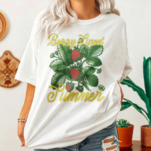 [Local Stock] HBESTY  Cute Strawberry Graphic Tee White Short Sleeve Crew Neck Cursive Floral Pattern Berry Sweet Summer High Quality Cotton Casual