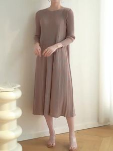 Women Miyake Style Pleated Dress 3D Tailored Slim Fit High-End Elegant Pleats Long Dress #3074
