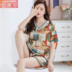 3300 A ชุดนอนแขนสั้นและขาสั้น ชุดนอนคอวีผู้หญิงเนื้อผ้าลื่นผ้าบางไม่ร้อนระบายอากาศได้ดีลายการ์ตูนน่ารักๆ พร้อมส่ง