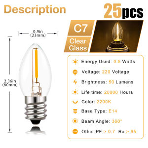 25pcs LED Edison Bulb Vintage 0.5W E12 C7 LED Filament Bulb Mini Decorative Candle Glass Bulb Retro Warm White Dimmable Lamp Bulb for Garden Party Christmas