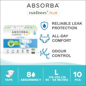 ABSORBA Nateen Plus Adult Diapers (M/L) - enhanced absorbency (up to 8 hours) added aloe vera breathable comfort day and night
