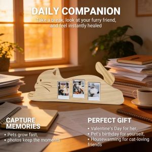 CMIEWN5 3 Grids 2 Inch Cat Shape Photo Frame Rotatable Tail Adjustable Angle Pet Photo Album Cute Decorative Kitten Wooden Photo Holder Home Decoration