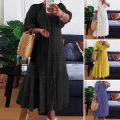 VONDA Women Fashion Solid Color Pleated Tunic Long Maxi Dresses V Neck Ruffled Hem Button Up Puff Sleeve Vestido (Plus Size). 