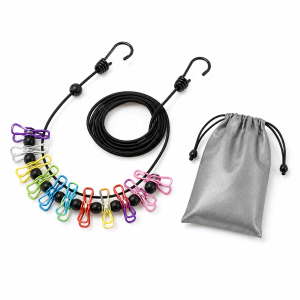 [SG Stock]Portable Travel Clothesline 1.8M Elastic Laundry Rope with 12 Windproof Non‑Slip Clips Adjustable Camping Clothes Drying Line with Storage Pouch for Hotel Outdoor Balcony Bathroom