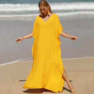 Mix Colors Bikini Cover Up Women Solid V-neck Beach Tunic Summer Boho Split Maxi Dress Kaftan Oversize Bathing Suit