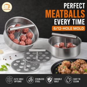 304 Stainless Steel Manual Meatball Maker 6/12 Hole Non Stick Multi Use Shaper Mold For Beef Fish Ball Cooking Tool
