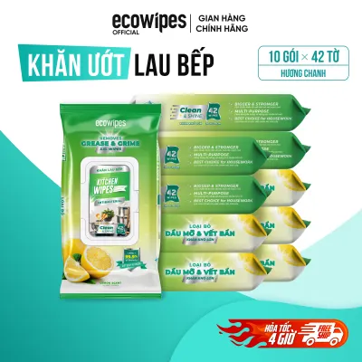 Combo 10 gói khăn giấy ướt lau bếp cao cấp Ecowipes gói 42 tờ size cực lớn 20x30cm hương chanh khử mùi kháng khuẩn