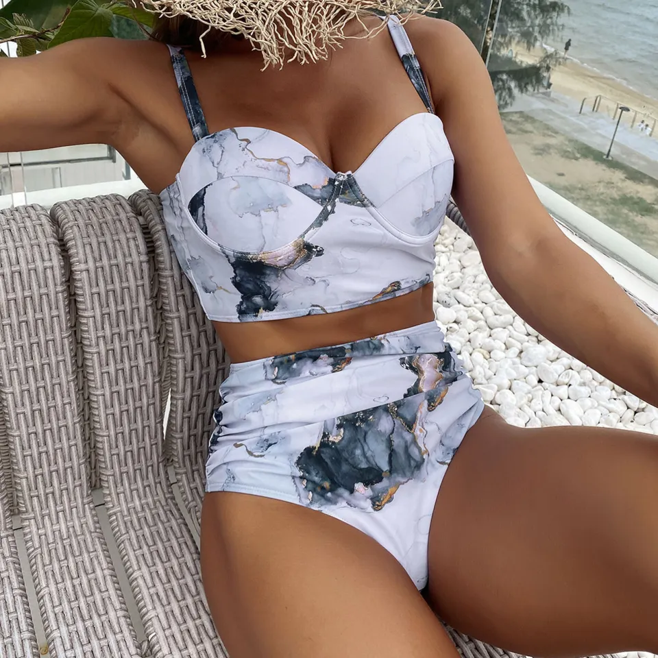 Swimsuit Abi / B5 - two-piece push-up swimsuit with a high waist in flowers  and leaves 2023 • Swimwear LAVEL