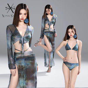 ชุดว่ายน้ําบิกินี่ แบบบาง แต่งผ่าข้าง คุณภาพสูง สีมัดย้อม แฟชั่นฤดูใบไม้ผลิ  พิมพ์ลายมัดย้อม  บิกินี่4ชิ้น 2470