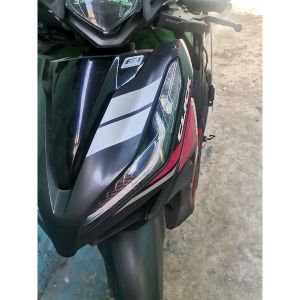 HONDA CLICK V2 Front Lining Stripe Sticker Decals for Motorcycle Accessories. Red and black motorcycle with front stripe decals. Garage setting.