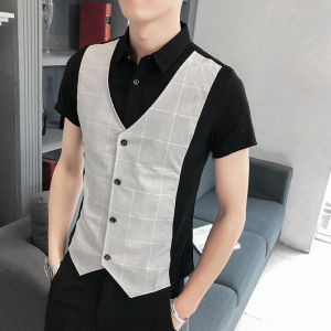 Áo sơ mi áo sơ mi cộc tay áo sơ mi nam cổ bẻ áo sơ mi giả gile phối 2 màu điểm nhấn kẻ ô vuông cực đẹp - Chất non nhật mềm mịn  không xù không phai màu thanh lịch  cho phái nam  - Mã H42