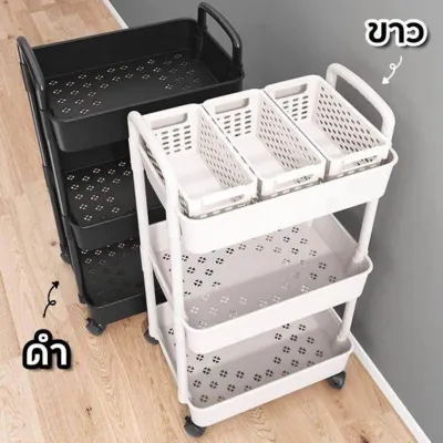 รถเข็นสีดำ ชั้นวางพลาสติกสีดำ 3 ชั้น การใช้ชีวิตที่บ้าน hodo black