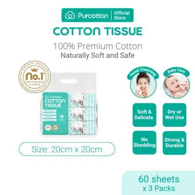Purcotton 100% Cotton Tissue 3 Packs 60 Sheet 20x20cm