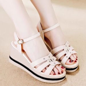 [Free Shipping] 2026 Platform Sole Womens Sandals Wedge Heel Soft Leather Open Toe New Style Buckle High Heels Summer Beige