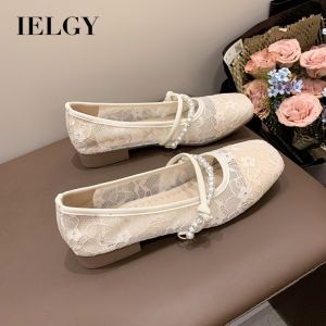 Ielgy 2024 Mới Mùa Hè khí chất Giày nữ ren lưới phẳng mules Miệng mềm mại với váy