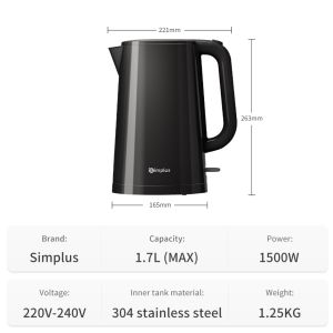 Simplus 1.7L Electric Kettle  1500W Fast Heating  304 Stainless Steel Inner  Double-layer Anti-Dry Burn Protection