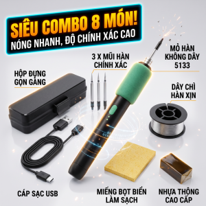 Mỏ Hàn Chì Sạc USB Không Dây 5133 Gia Nhiệt Nhanh Chuyên Sửa Chữa Mạch Điện Tử Cầm Tay Tiện Lợi Hàn Thiếc Cho Thợ Điện Gia Đình Kèm Dây Chì Nhựa Thông Bọt Biển Hộp Đựng Mini [Bộ 3 Mũi Hàn]
