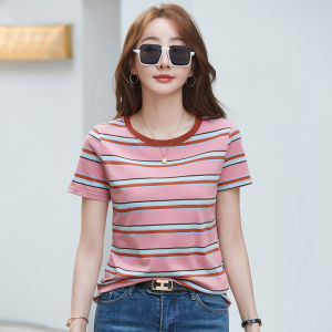 Women Short Sleeve Round-neck T-shirt Casual Tee Stripe Tops 100% Cotton