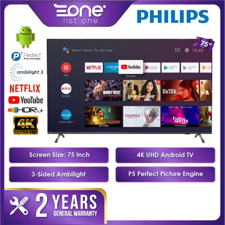 【Own Truck Delivery】Philips 75 Inch 4K UHD Android TV 75PUT8516 | 3-Sided Ambilight | ALLM VRR Gaming Mode for PS5 | Netflix Smart TV | Dolby Vision Atmos |