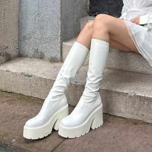 2024 Tăng Chiều Cao Mẫu Mới 10cm Bốt Đen Bốt Dài Cao Gót Nữ Bốt Gầy Co Giãn Ống Cao Hot Girl Phong Cách Âu Mỹ