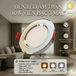 Đèn Âm Trần 3 Màu phi 90mm công suất 10w siêu rẻ bảo hành 12 tháng (có viền)