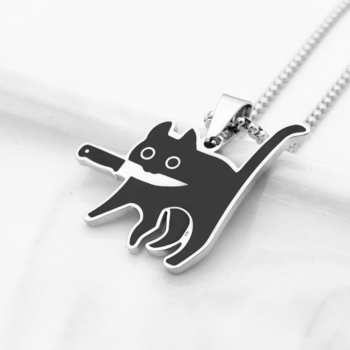 Silver Tone Enamel Black Cat Necklace - Angies75