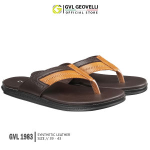 Gvl Geovelli Sandal Pria Kekinian Sendal Selop Jepit Kulit Kualitas Lokal Premium - G1983 Coklat Tan