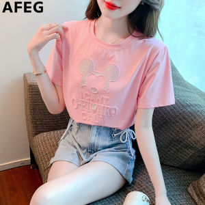 AFEG new Korean version round neck fashion casual loose all-match hot drill short-sleeved T-shirt