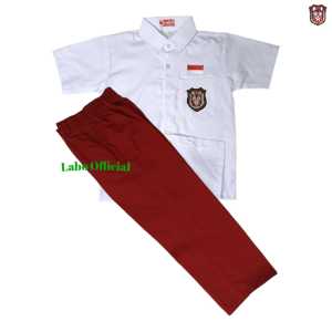 Setelan Seragama Sekolah SD laki-laki Lengan Pendek Putih Celana Panjang Merah Logo Bordir